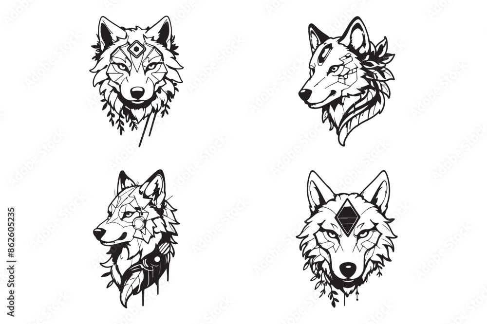 Fototapeta premium Black and white wolf vector illustration logo set