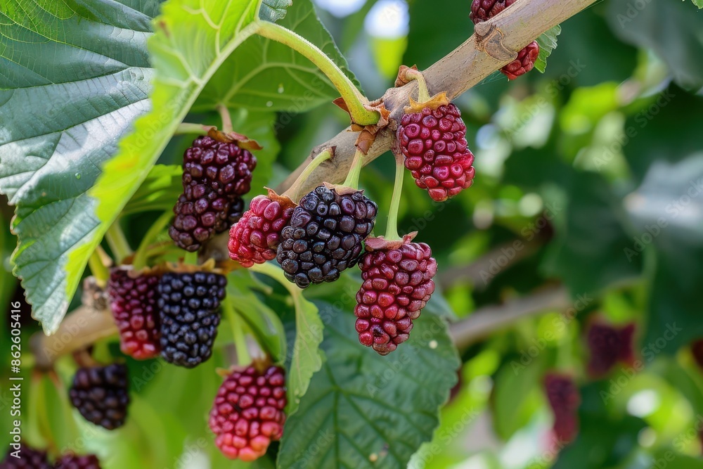 a lush mulberry branch laden with ripe juicy berries showcasing vibrant purples and deep reds against verdant leaves soft natural lighting emphasizes the fruits glossy texture a lush mulberry branch laden with ripe juicy berries showcasing vibrant purples and deep reds against verdant leaves soft natural lighting emphasizes the fruits glossy texture