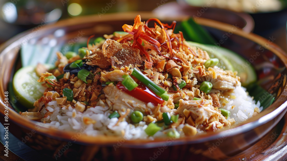 Savory chicken rice with a crispy topping of fried coconut and vegetables, served with crunchy peanut crackers. Indulge in this Indonesian comfort dish.