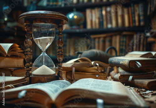 Hourglass and Books in a Library Setting
