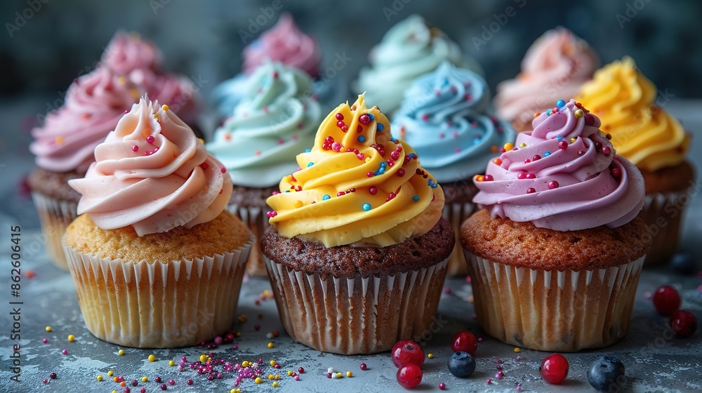 Overhead shot of vegan cupcakes with colorful frosting, rustic table, bright daylight, festive and fresh