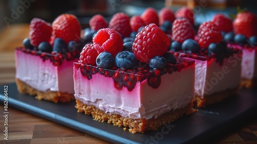 Closeup of a slice of raspberry and blueberry cheesecake on a black platter. photo