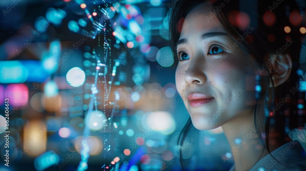 Smiling Japanese female software developer showcases her dedication with digital code visible through hologram glass walls, serving as a symbolic representation of technology. Smiling Japanese female software developer showcases her dedication with digital code visible through hologram glass walls, serving as a symbolic representation of technology.