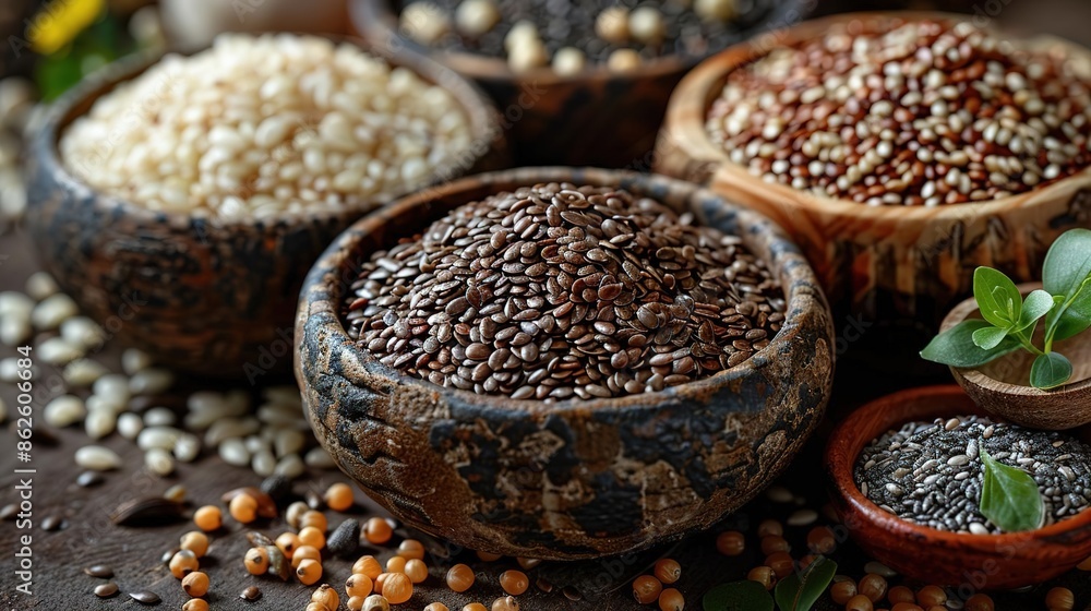 Assortment of grains and seeds in wooden bowls, including chia seeds, quinoa, rice, and millet. Assortment of grains and seeds in wooden bowls, including chia seeds, quinoa, rice, and millet.