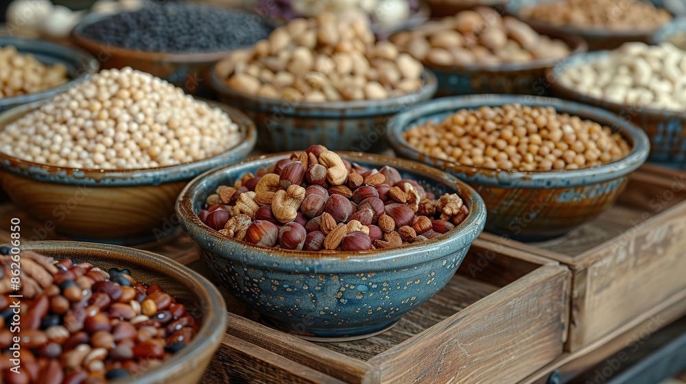 Assortment of nuts and grains displayed in bowls on a wooden table. Assortment of nuts and grains displayed in bowls on a wooden table.