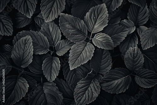  Black and white leaves pattern, abstract foliage texture background, monochrome nature concept for banner design or wallpaper. 