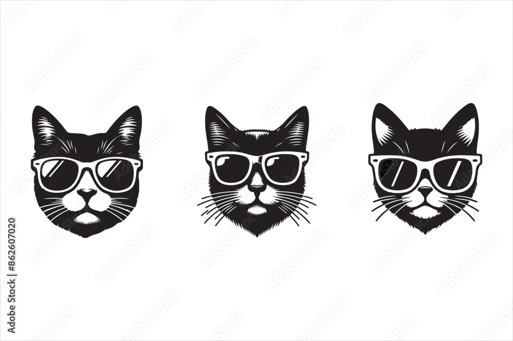 Set cool cat with sunglasses silhouette icon illustration Set cool cat with sunglasses silhouette icon illustration