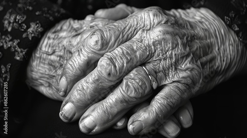 A black and white image of an elderly persons hands, showing the details of wrinkled skin and aged fingers © Multiverse
