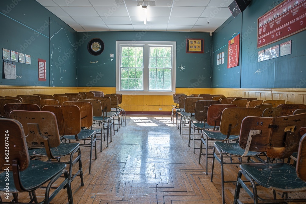 This image shows an empty classroom arranged with rows of wooden chairs facing the front, fostering a ready and disciplined environment waiting for students to arrive. This image shows an empty classroom arranged with rows of wooden chairs facing the front, fostering a ready and disciplined environment waiting for students to arrive.