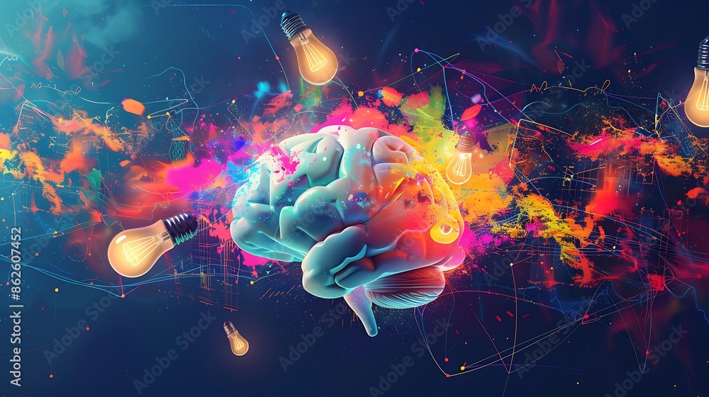 Naklejka premium Abstract image of a colorful brain surrounded by light bulbs.