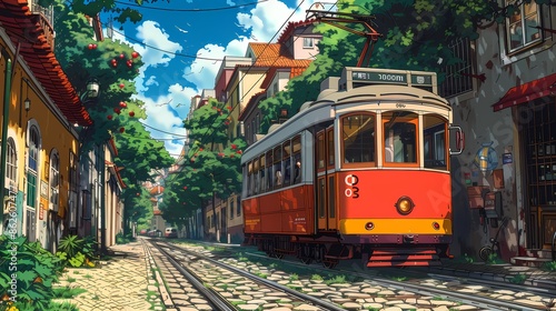 flat anime illustration, anime illustration, line art style illustration, A vibrant street in Lisbon: Colorful tiled buildings, trams rattling along the tracks, and cobblestone streets filled with lif