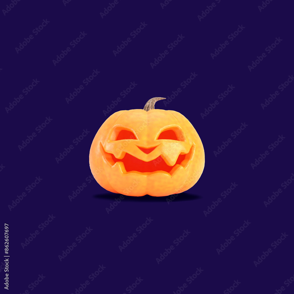 Jack o lantern isolated on dark purple square background for halloween concept. Smiling orange pumpkin backdrop idea, social media template design. Jack o lantern isolated on dark purple square background for halloween concept. Smiling orange pumpkin backdrop idea, social media template design.