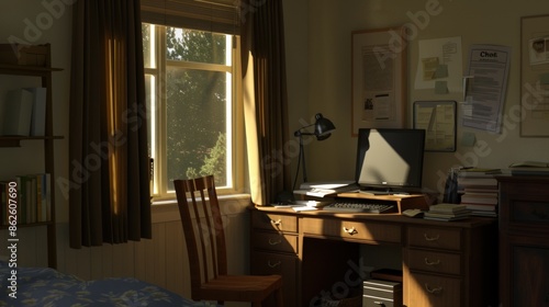 Wallpaper Mural Sunlit Home Office with Wooden Desk and Bookshelf Torontodigital.ca