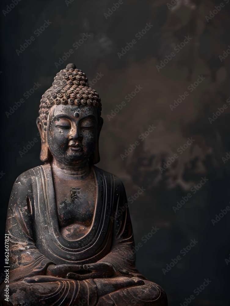 Fototapeta premium buddha statue on a dark background with copyspace for text