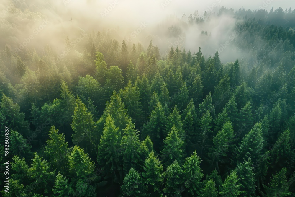 aerial view of misty coniferous forest stretching to horizon fog weaves between towering evergreens creating ethereal landscape sunlight breaks through illuminating patches of dense woodland aerial view of misty coniferous forest stretching to horizon fog weaves between towering evergreens creating ethereal landscape sunlight breaks through illuminating patches of dense woodland