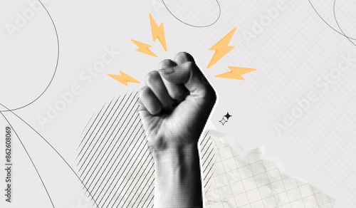 Trendy Halftone Collage Raised Fist up. Demonstration of protest. Fight for your rights. Power sign. Success and strength. Feminism concept. Magazine style. Contemporary vector art illustration