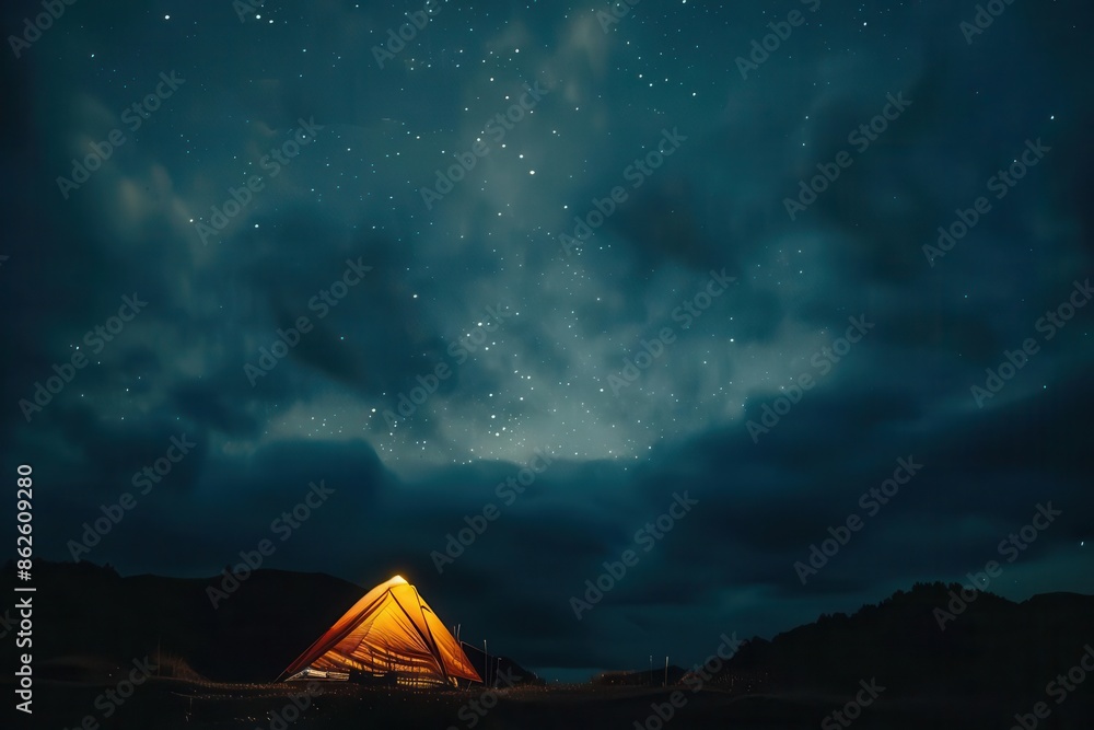 atmospheric night scene of illuminated tent against moody cloudcovered sky starry expanse peeks through breaks in clouds creating ethereal camping ambiance atmospheric night scene of illuminated tent against moody cloudcovered sky starry expanse peeks through breaks in clouds creating ethereal camping ambiance