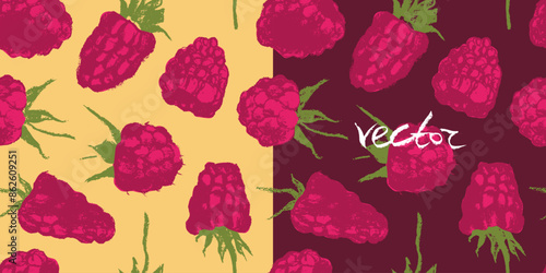 Raspberry pattern seamless, raspberries illustration, hand-drawn vector red berry for vegan banner, juice or jam label design. Ripe berries background for baby food packaging. Raspberry backdrop.