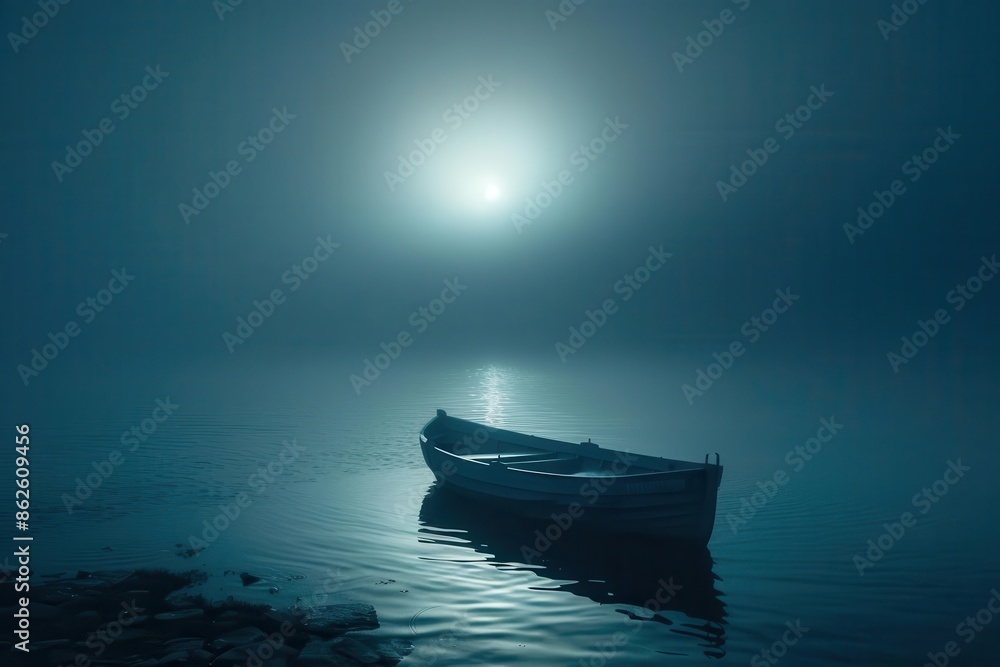 atmospheric night scene of lone boat on misty sea moonlight pierces through fog creating ethereal ambiance and sense of mystery in tranquil maritime landscape atmospheric night scene of lone boat on misty sea moonlight pierces through fog creating ethereal ambiance and sense of mystery in tranquil maritime landscape