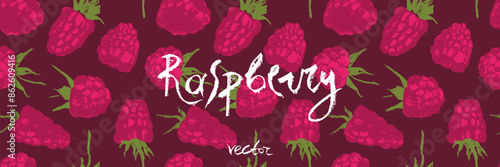 Raspberry pattern seamless, raspberries illustration, hand-drawn vector red berry for vegan banner, juice or jam label design. Ripe berries background for baby food packaging. Raspberry backdrop.