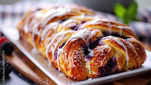 Sweet Braided Bread with Blueberries and Glaze photo