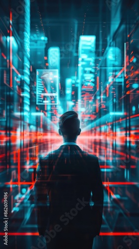 Businessman in a futuristic cyberpunk city, surrounded by glowing holographic data and neon lights, representing technology and innovation. photo