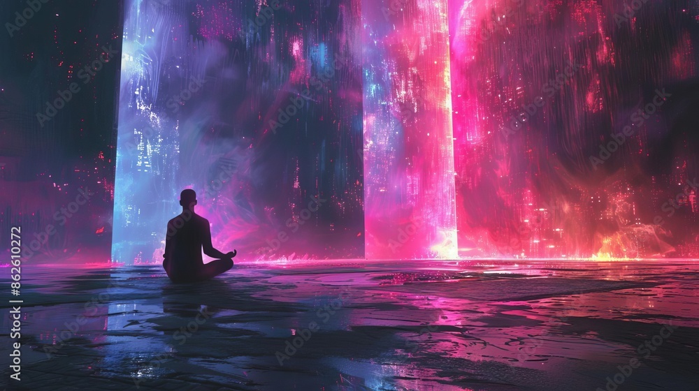A lone figure meditating in a neonlit digital landscape, Cool colors, Futuristic, Illustration, Peaceful A lone figure meditating in a neonlit digital landscape, Cool colors, Futuristic, Illustration, Peaceful