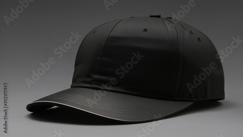 a black baseball cap with a curved brim.