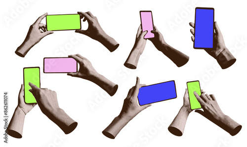 Set of halftone hands holding phones. Hand with smartphone with blank display. Collection of paper collage elements. Vector illustration