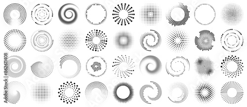 Spiral halftone dot element collection. Black spiral decoration. Circle spiral texture