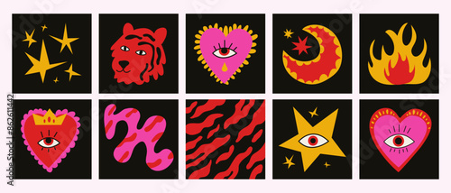 Set of magic sticker with tiger heart star comet fire in playful bohemian style. Mystic cosmic tarot aesthetic.