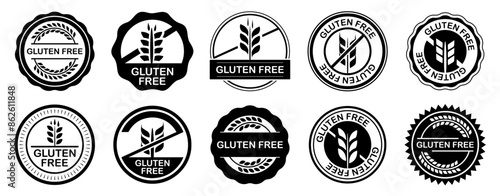 Gluten free stamp collection. Set of black gluten free label for diet. Gluten free badges