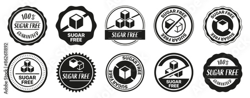 Sugar free stamp collection. Set of black sugar free label for diet. Sugar free badges