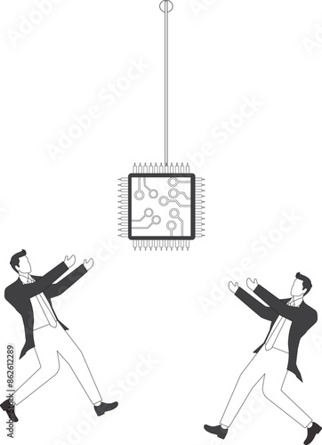 Businessman tug of war fighting to get computer chip