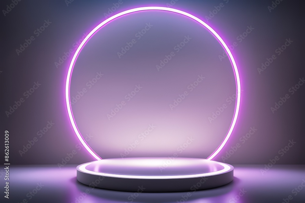 A Large Circular Podium Illuminated By Neon Light, Perfect For Product Presentations. The Setting Is Bathed In Soft, Ambient Lighting, Giving It A Modern And Futuristic Feel. A Large Circular Podium Illuminated By Neon Light, Perfect For Product Presentations. The Setting Is Bathed In Soft, Ambient Lighting, Giving It A Modern And Futuristic Feel.