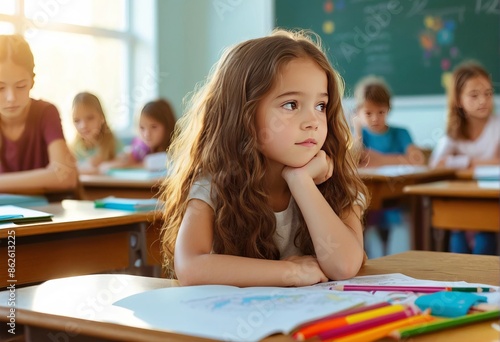 Thoughtful young girl daydreaming in classroom setting. It's time to go back to school.