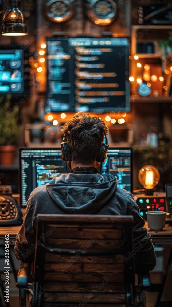 Fototapeta premium Someone sitting at a desk with headphones on and a laptop
