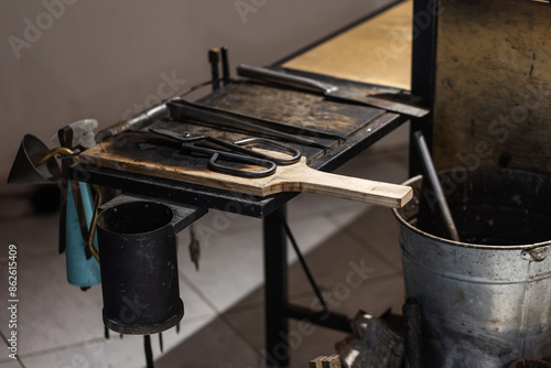 Tools are placed in a glass blowing workshop