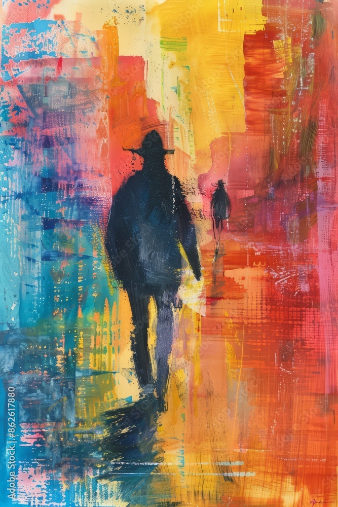 Obraz premium Man Walking Abstract Print, Street Scene Painting