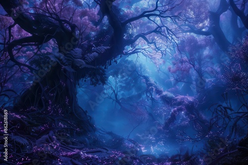enchanted forest scene bioluminescent flora ethereal mist twisted ancient trees mystical creatures hidden in shadows dreamlike fantasy landscape illustration photo