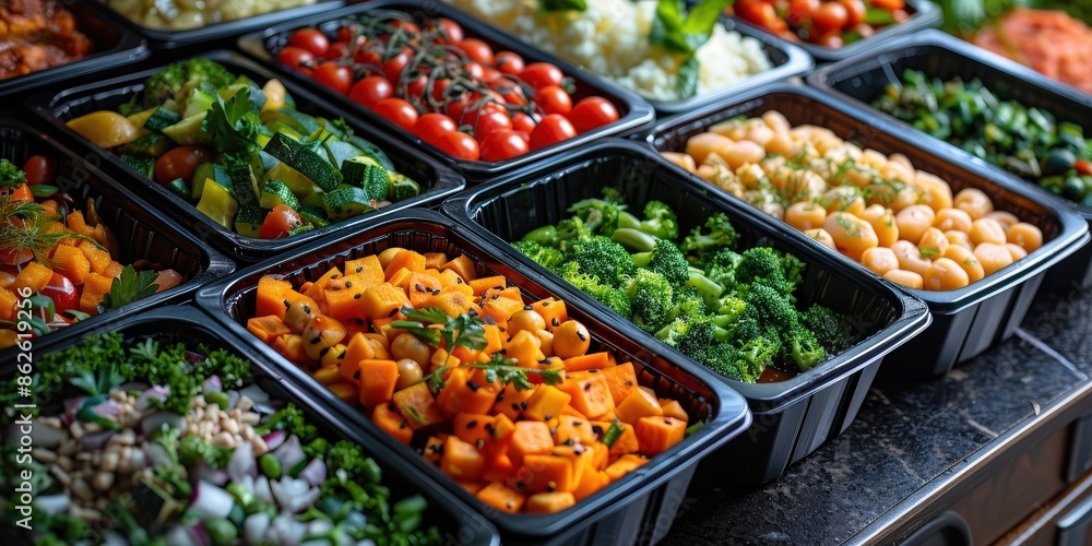 Obraz premium Assortment of Fresh and Colorful Salads in Black Containers