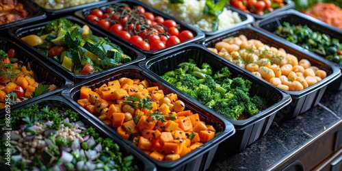 Assortment of Fresh and Colorful Salads in Black Containers