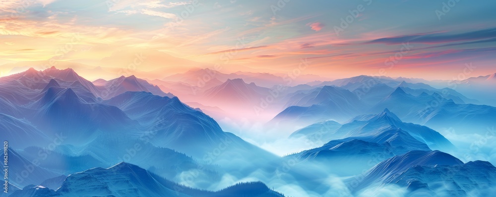 Mountain landscape at sunrise with misty valleys and colorful sky, panoramic view. Nature tranquility and scenic beauty concept Mountain landscape at sunrise with misty valleys and colorful sky, panoramic view. Nature tranquility and scenic beauty concept