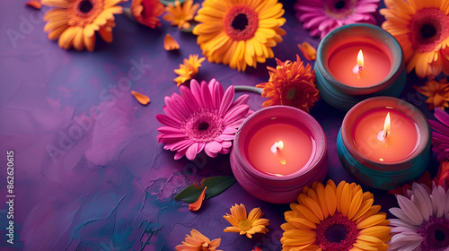 Oil lamps with daisy flowers decoration in Diwali festival. photo