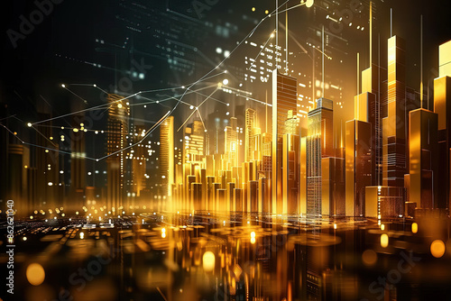 Gold Bar Graph with Cityscape Showing Business Growth and Market Trends - Dynamic Lighting and Glowing Data Points © lal khan