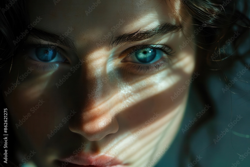 ethereal portrait of a woman with piercing blue eyes bathed in soft studio lighting dramatic shadows accentuate her striking features and create an air of mystery ethereal portrait of a woman with piercing blue eyes bathed in soft studio lighting dramatic shadows accentuate her striking features and create an air of mystery