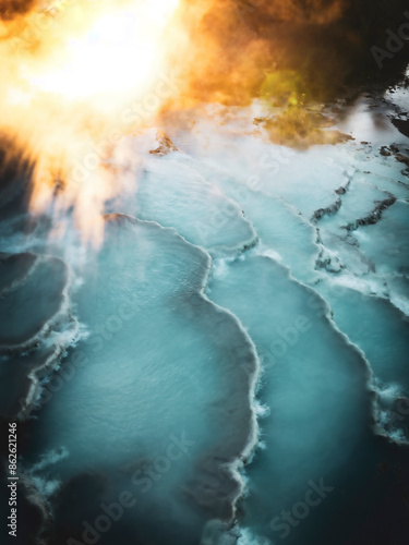 Aerial view of geothermal natural therms at sunrise, Terme di Saturnia, Tuscany, Italy. photo