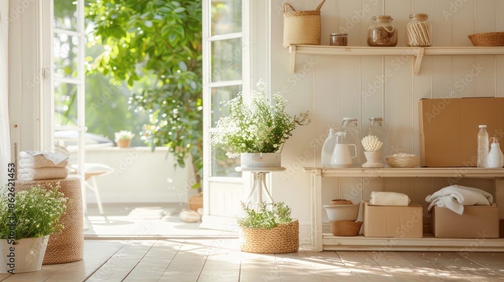 A clean and bright room with a lot of plants and a white shelf. The room has a lot of natural light coming in through the windows A clean and bright room with a lot of plants and a white shelf. The room has a lot of natural light coming in through the windows