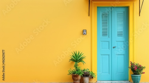 A blue door with yellow trim sits in front of a yellow wall. The door is open and the doorbell is hanging on the wall. The door is surrounded by potted plants, including a large one in the foreground