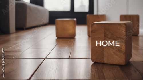 Wooden blocks with the word HOME on the wooden floor in home. Business conceptual. Blocks, ECO